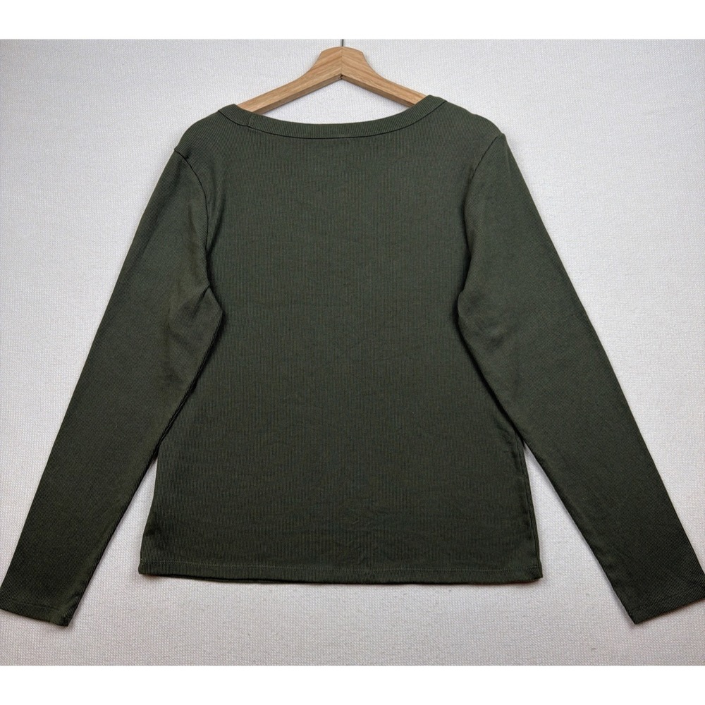 Old Navy Green‎ Ribbed Scoop Neck Long Sleeve Blouse XL Top Preppy Stretch Snug - Picture 2 of 9